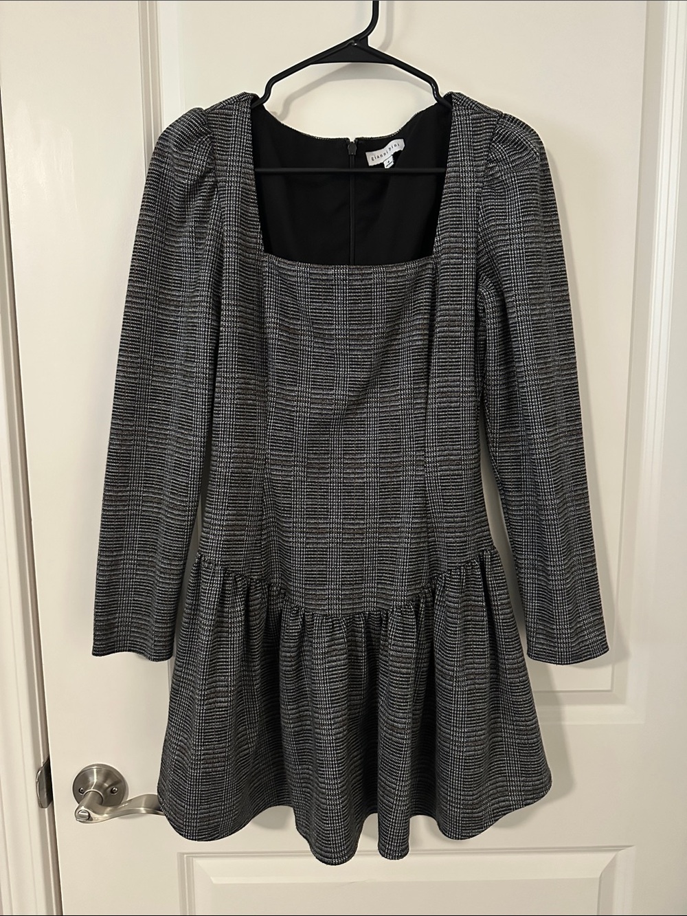Gianni Bini Black and Gray Plaid Long-Sleeve Square Neck Dress